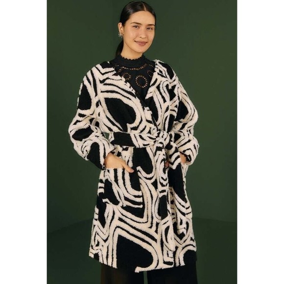 Farm Rio Wild Hearts Fleece Coat Black White Wool Blend Long Cardigan Sweater